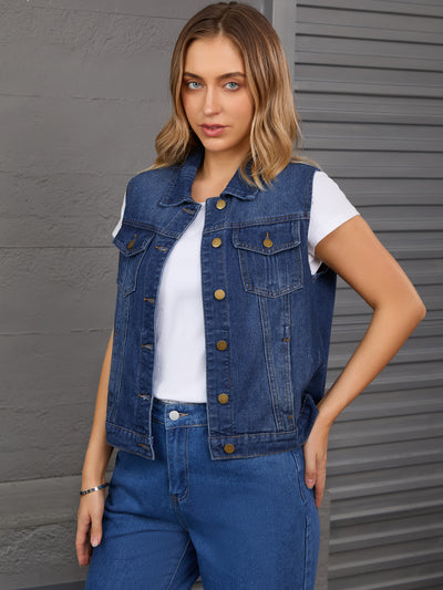 CIMUK Women's Denim Vest Button Down Chest Flap Pockets Washed Distressed Sleeveless Jean Jacket