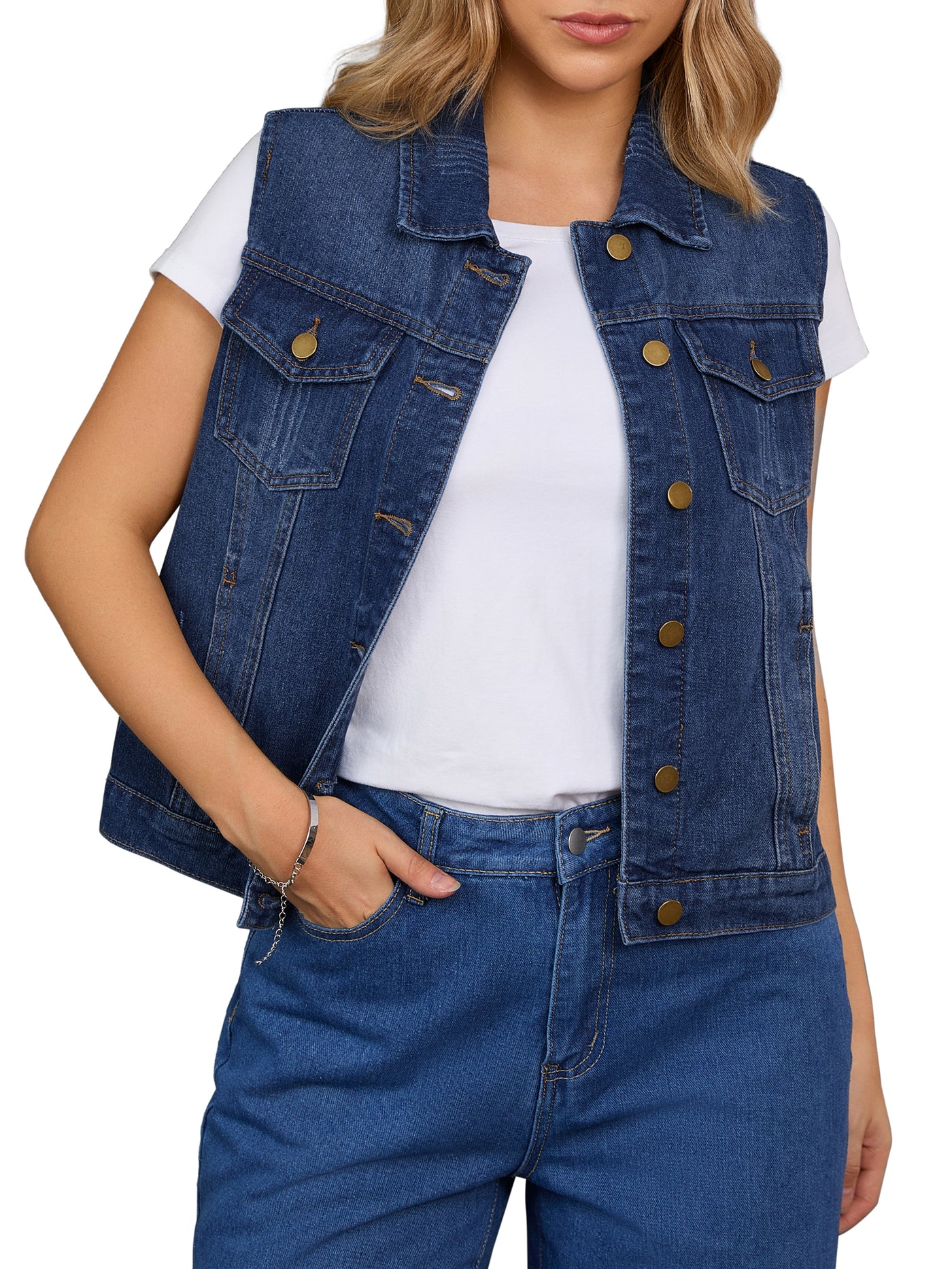 Bublédon CIMUK Women's Denim Vest Button Down Chest Flap Pockets Washed Distressed Sleeveless Jean Jacket