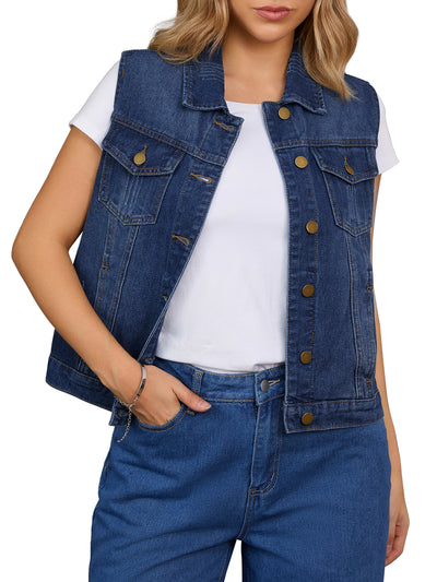 CIMUK Women's Denim Vest Button Down Chest Flap Pockets Washed Distressed Sleeveless Jean Jacket