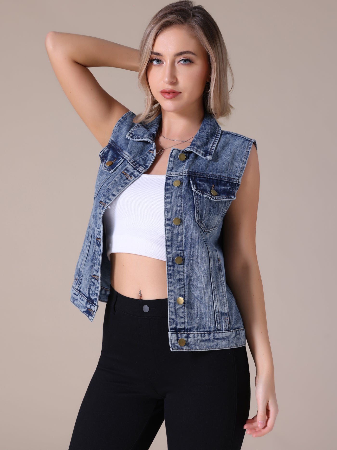 Bublédon CIMUK Women's Denim Vest Button Down Chest Flap Pockets Washed Distressed Sleeveless Jean Jacket