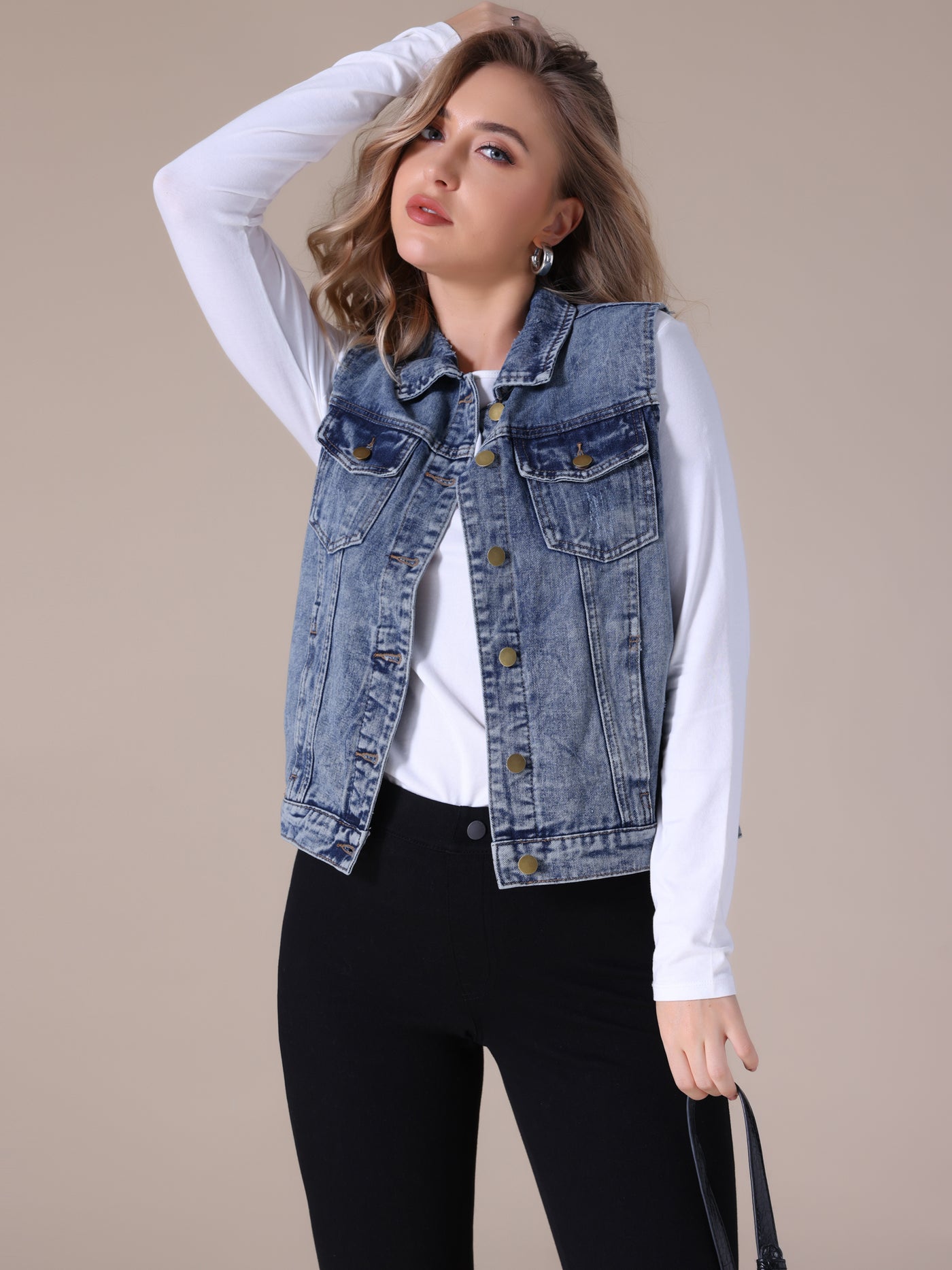 Bublédon CIMUK Women's Denim Vest Button Down Chest Flap Pockets Washed Distressed Sleeveless Jean Jacket