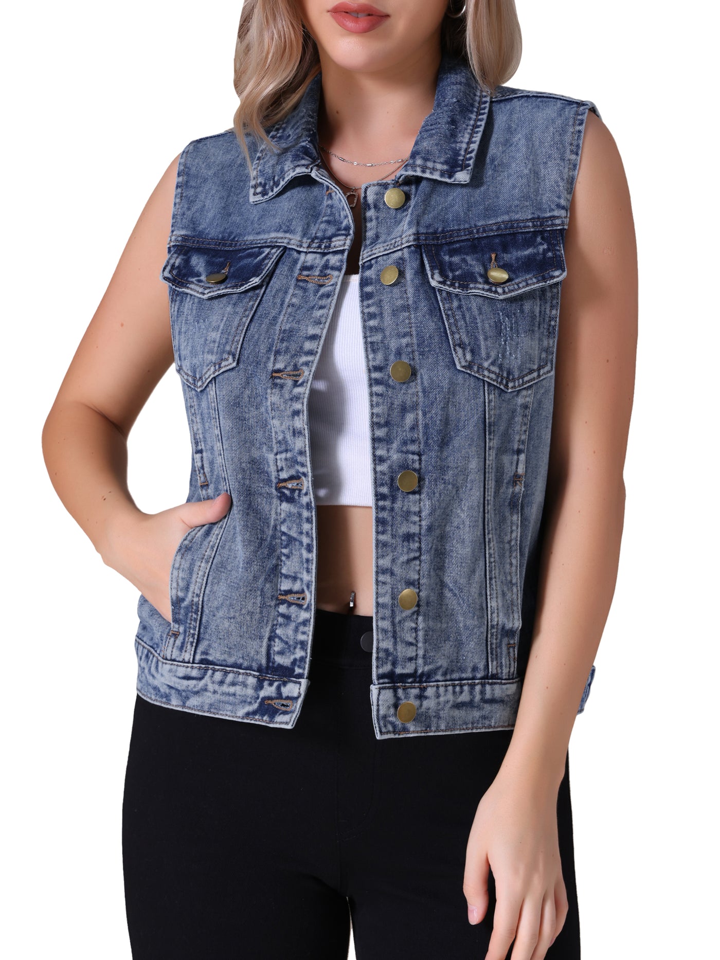 Bublédon CIMUK Women's Denim Vest Button Down Chest Flap Pockets Washed Distressed Sleeveless Jean Jacket