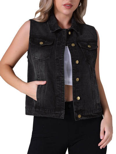 CIMUK Women's Denim Vest Button Down Chest Flap Pockets Washed Distressed Sleeveless Jean Jacket