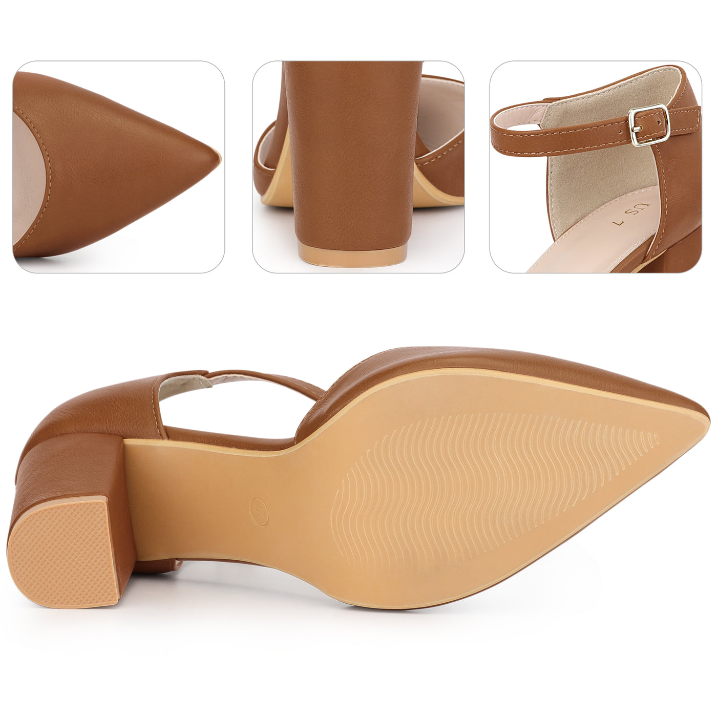 Bublédon Ankle Strap Pointy Toe Chunky Heel Pumps for Women