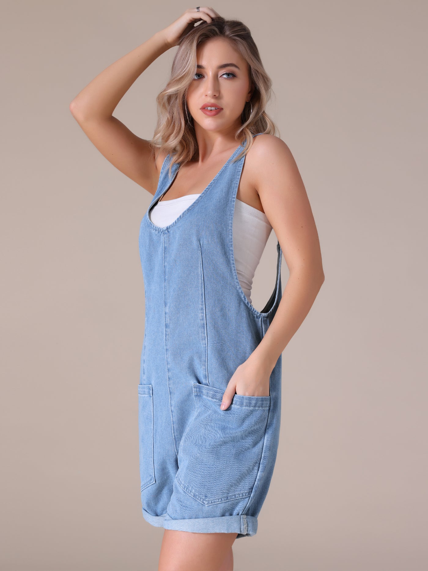 Bublédon Women's Denim Romper Sleeveless Casual Loose Jean Overall Shorts with Pockets