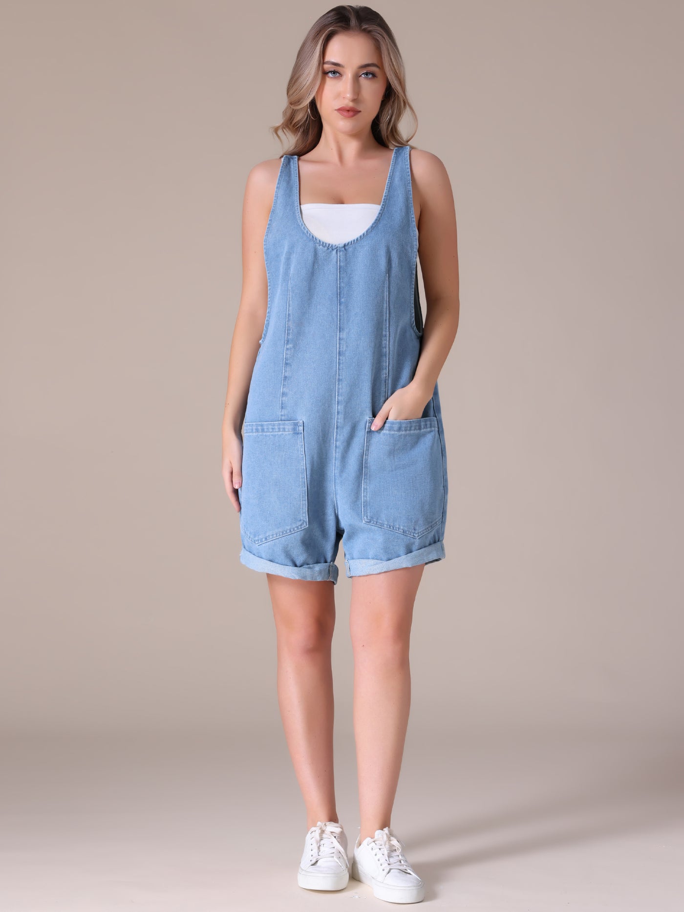 Bublédon Women's Denim Romper Sleeveless Casual Loose Jean Overall Shorts with Pockets