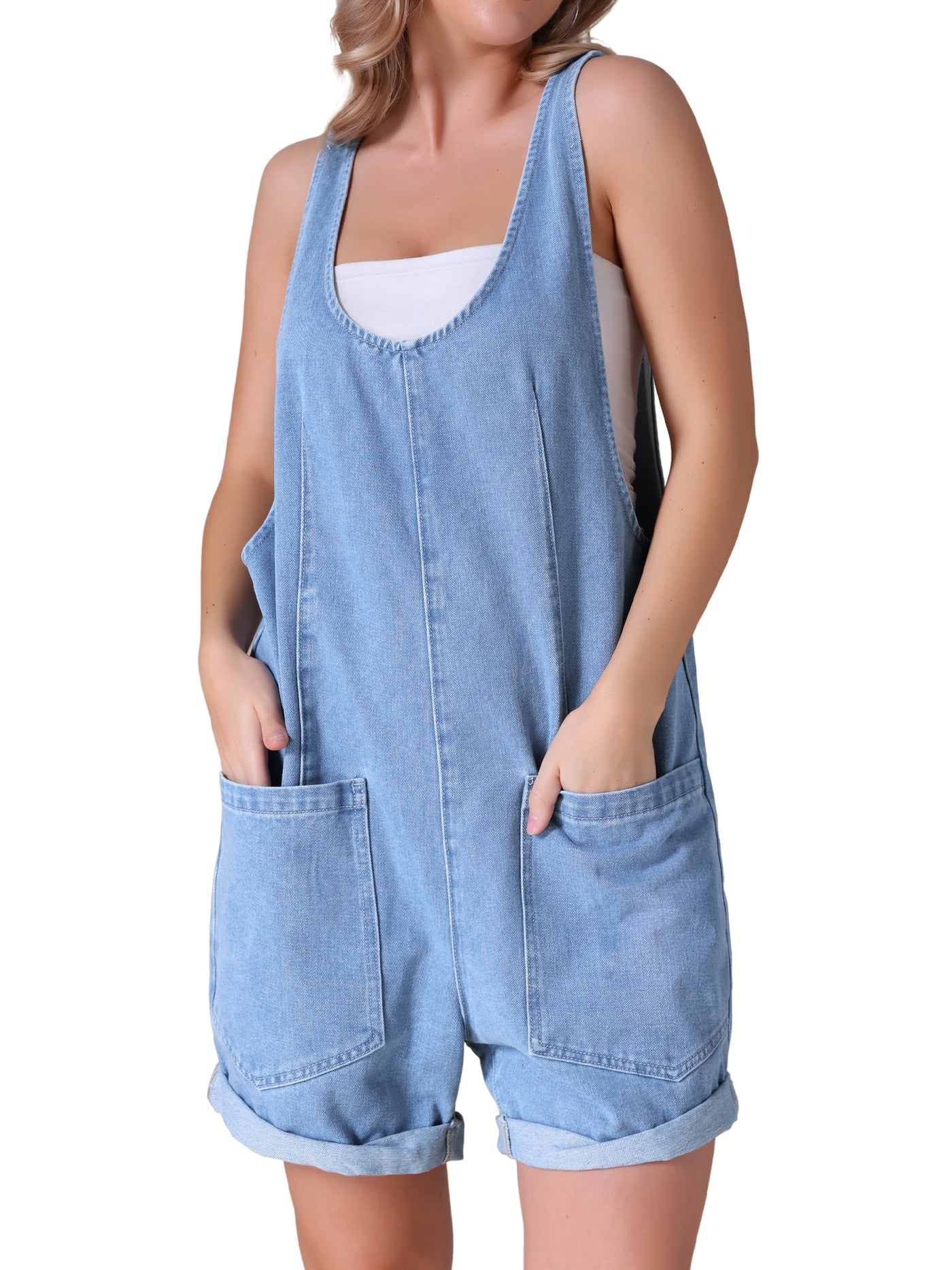 Bublédon Women's Denim Romper Sleeveless Casual Loose Jean Overall Shorts with Pockets