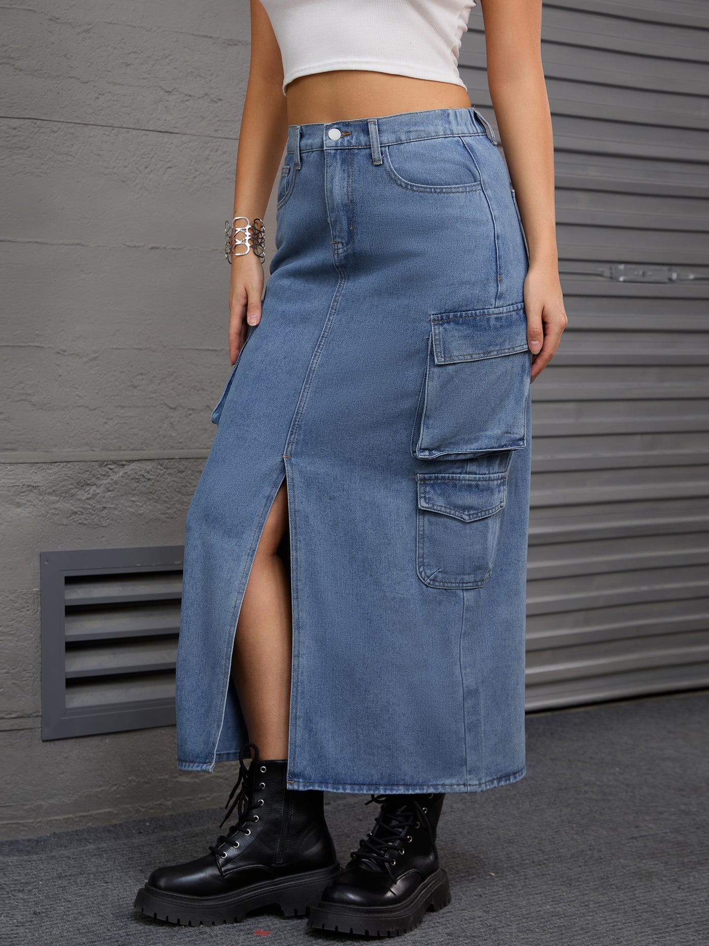 Bublédon Women's Maxi Denim Skirt Side Split Button Front Elastic Waist Streetwear Flap Pockets Cargo Jean Skirts