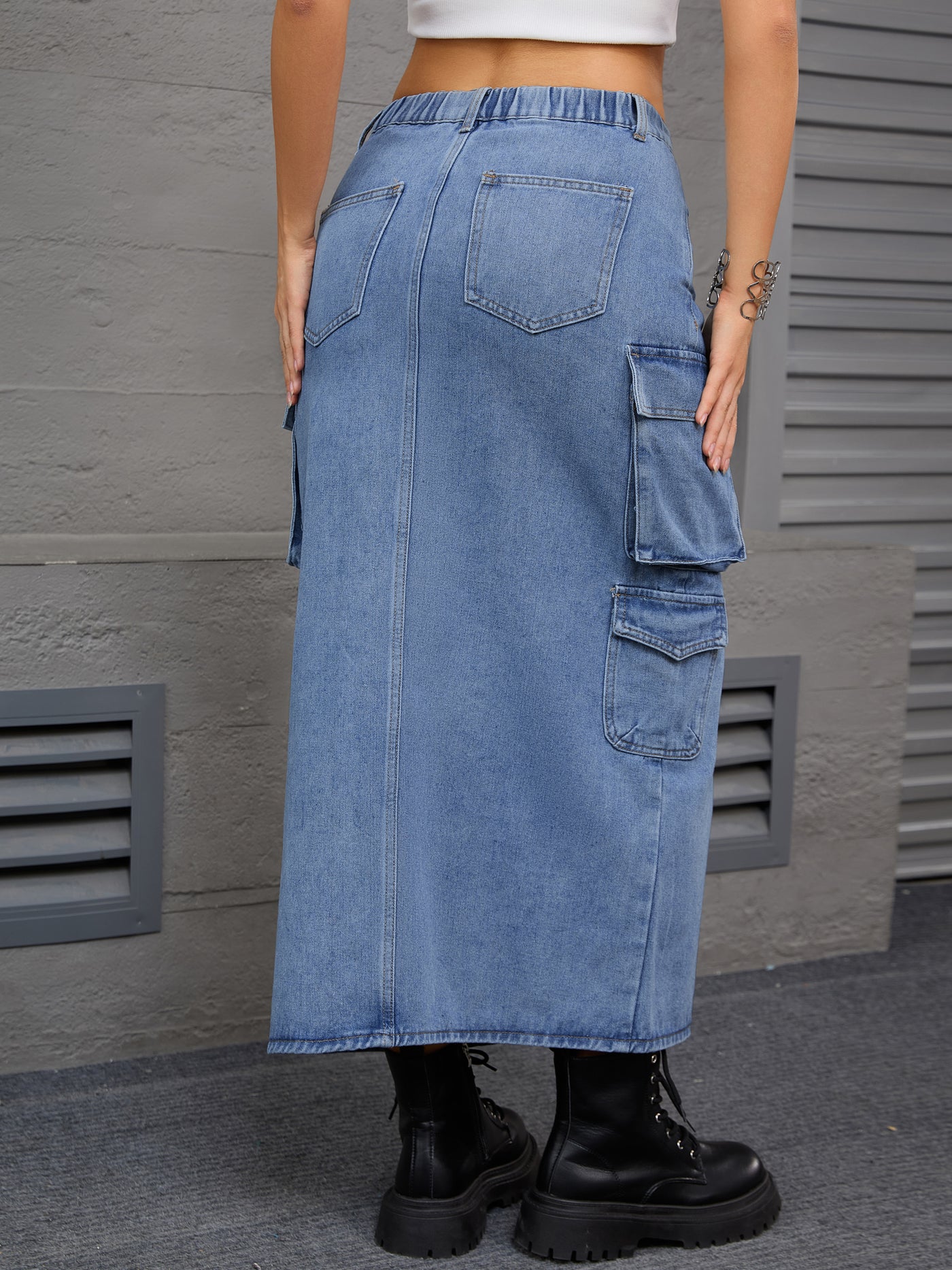 Bublédon Women's Maxi Denim Skirt Side Split Button Front Elastic Waist Streetwear Flap Pockets Cargo Jean Skirts