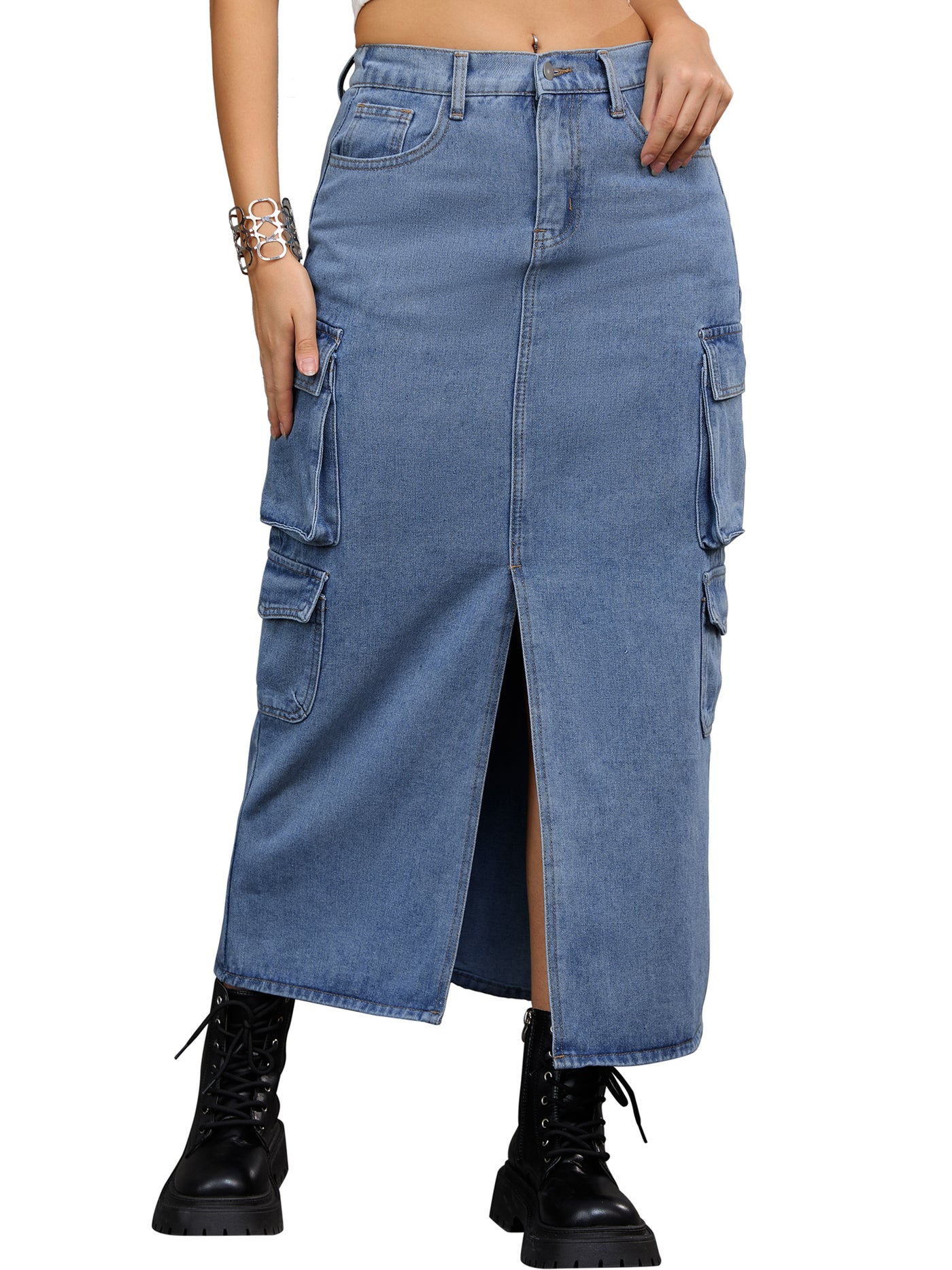 Bublédon Women's Maxi Denim Skirt Side Split Button Front Elastic Waist Streetwear Flap Pockets Cargo Jean Skirts