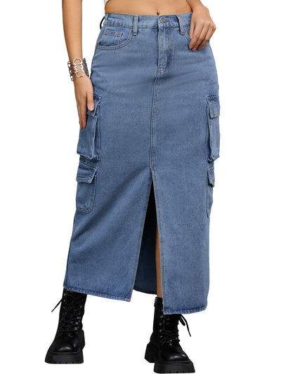 Women's Maxi Denim Skirt Side Split Button Front Elastic Waist Streetwear Flap Pockets Cargo Jean Skirts