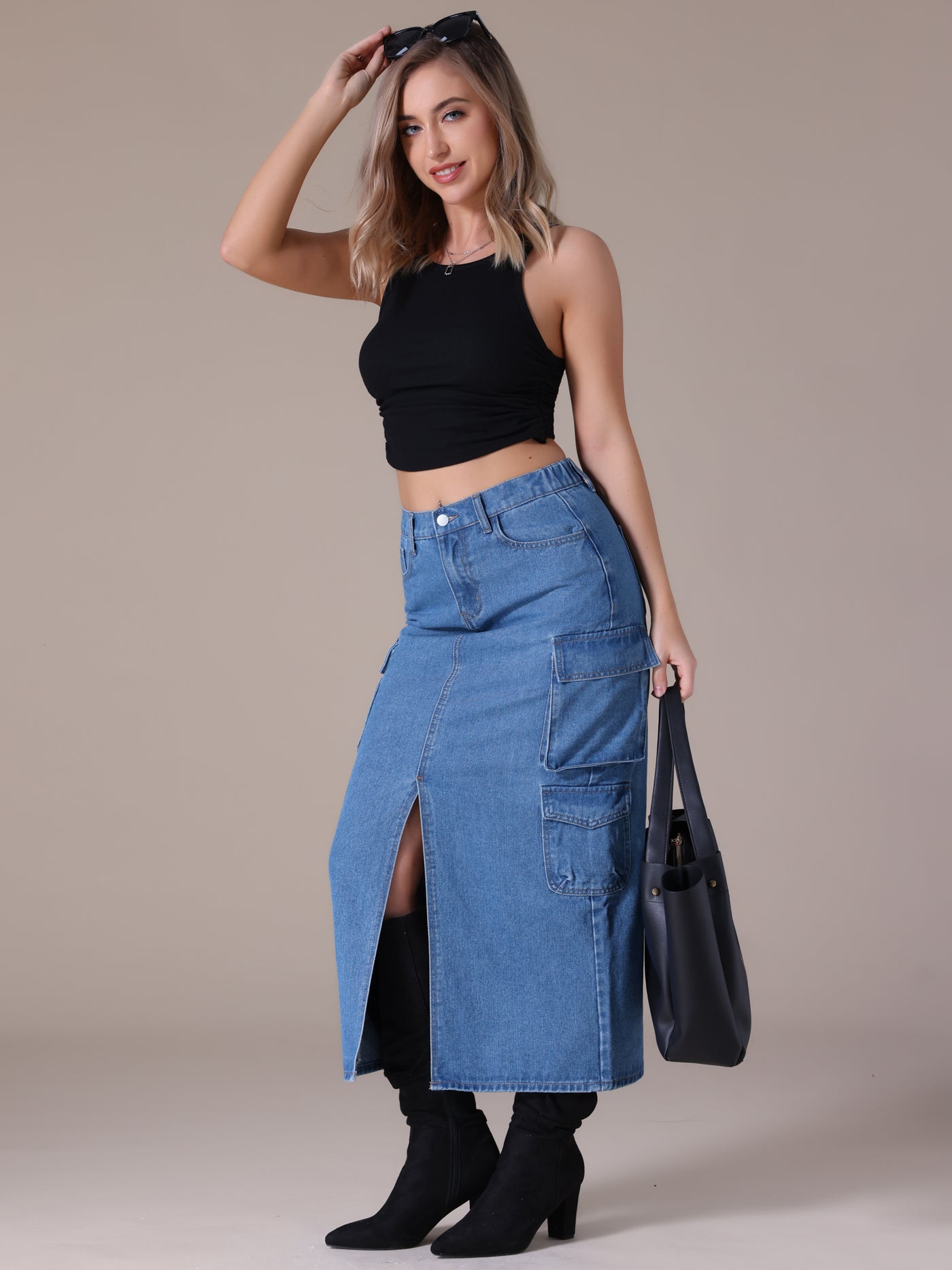 Bublédon Women's Maxi Denim Skirt Side Split Button Front Elastic Waist Streetwear Flap Pockets Cargo Jean Skirts