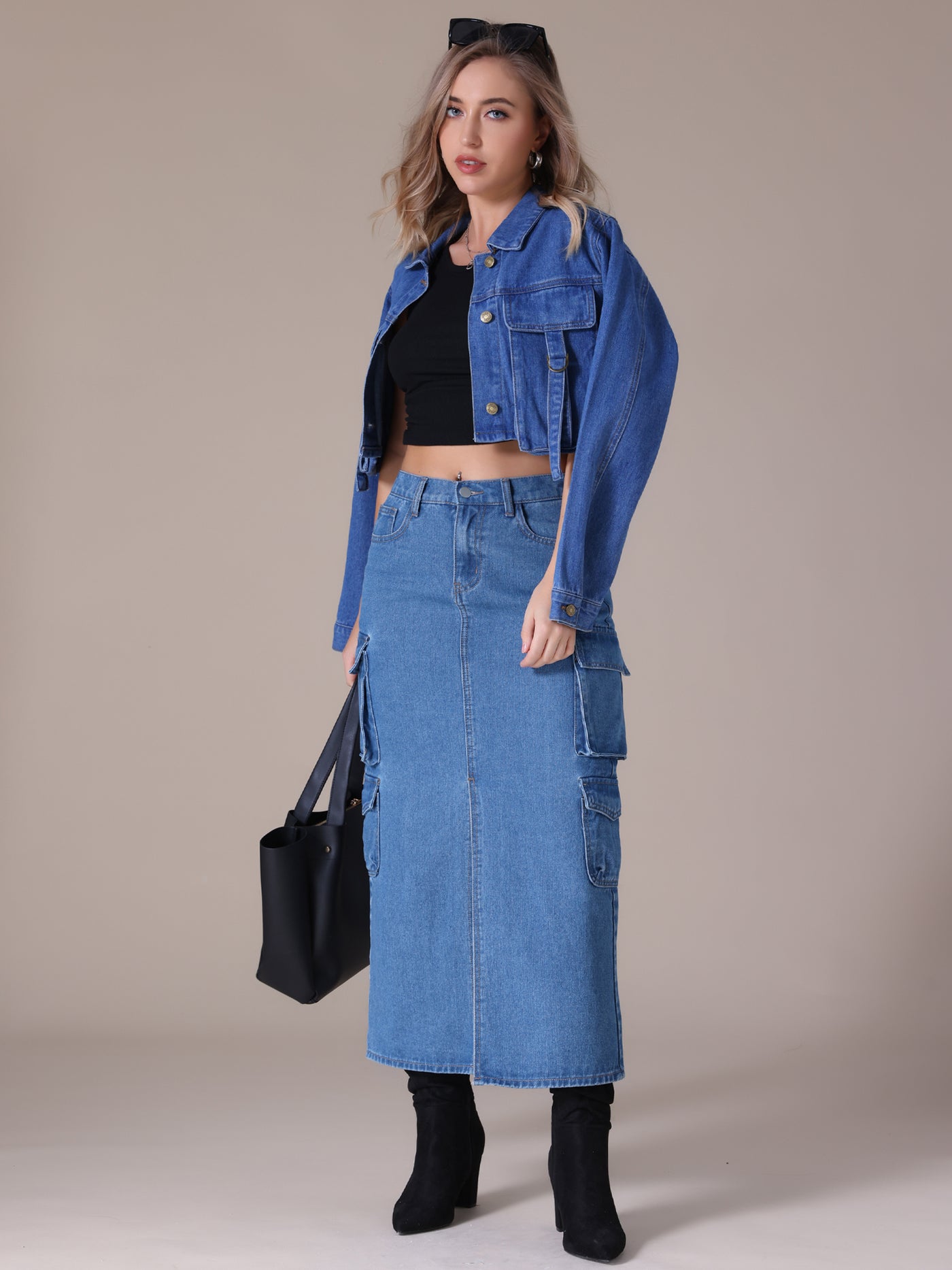 Bublédon Women's Maxi Denim Skirt Side Split Button Front Elastic Waist Streetwear Flap Pockets Cargo Jean Skirts