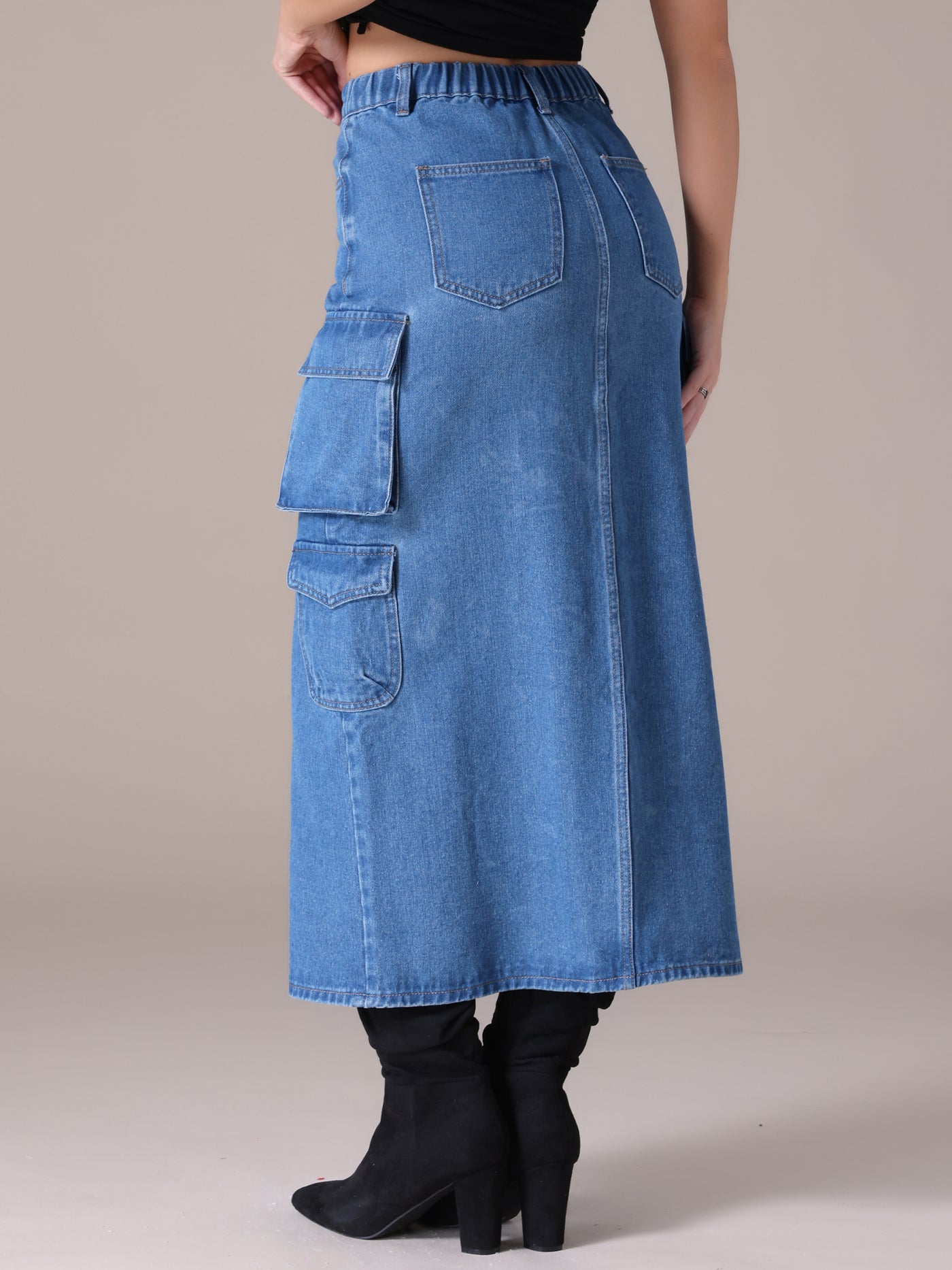 Bublédon Women's Maxi Denim Skirt Side Split Button Front Elastic Waist Streetwear Flap Pockets Cargo Jean Skirts