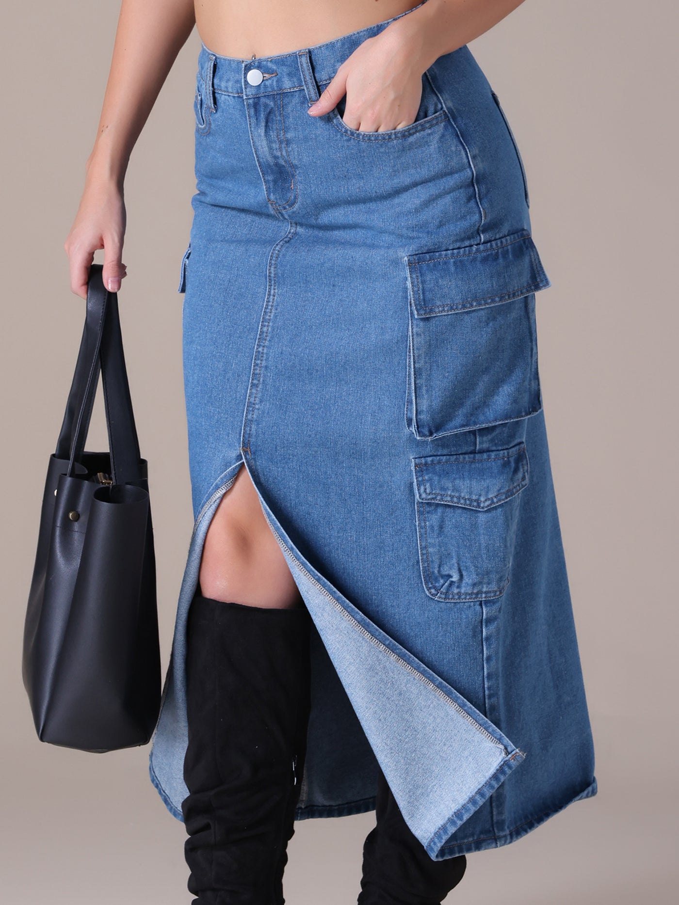 Bublédon Women's Maxi Denim Skirt Side Split Button Front Elastic Waist Streetwear Flap Pockets Cargo Jean Skirts