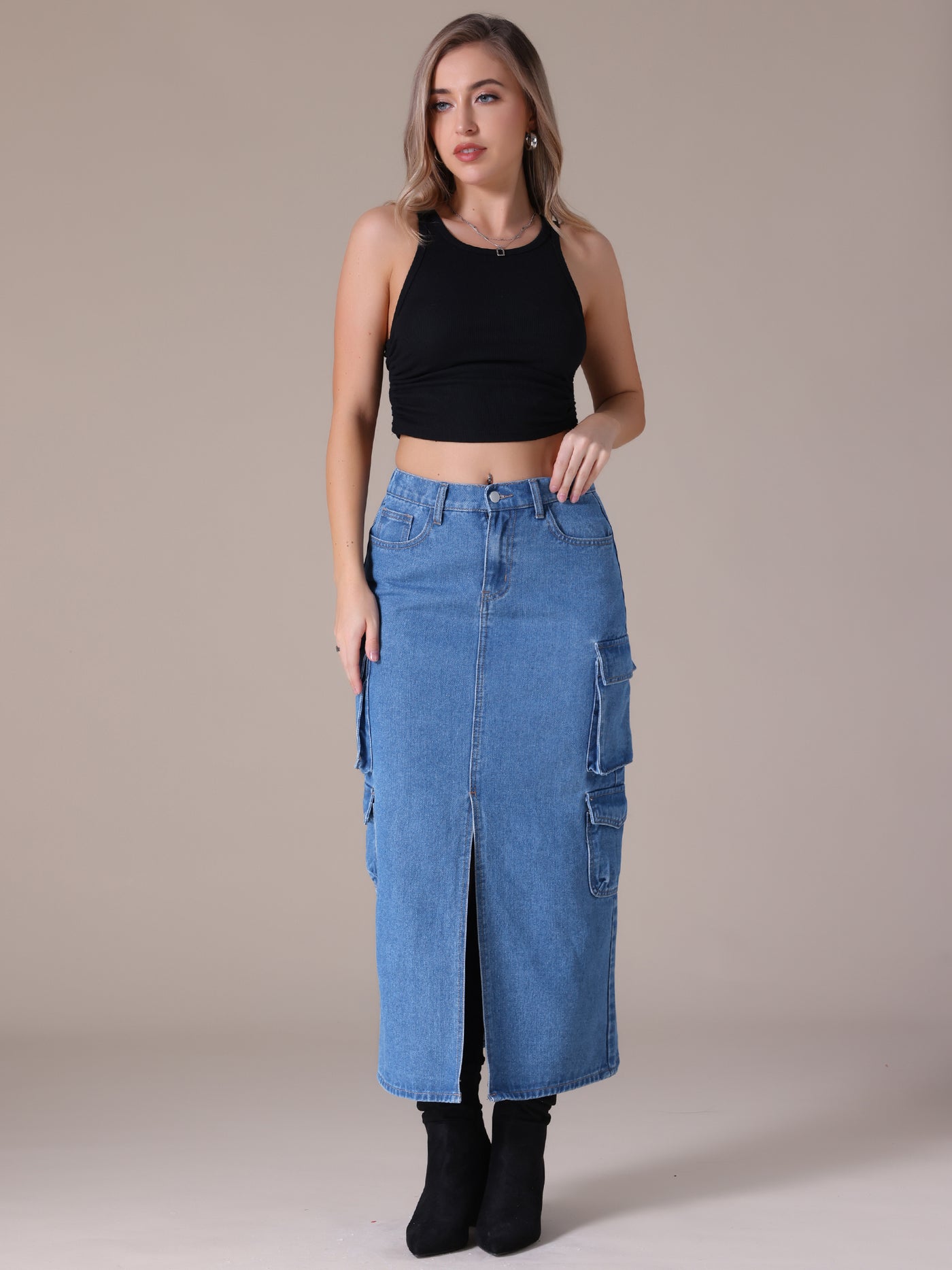 Bublédon Women's Maxi Denim Skirt Side Split Button Front Elastic Waist Streetwear Flap Pockets Cargo Jean Skirts