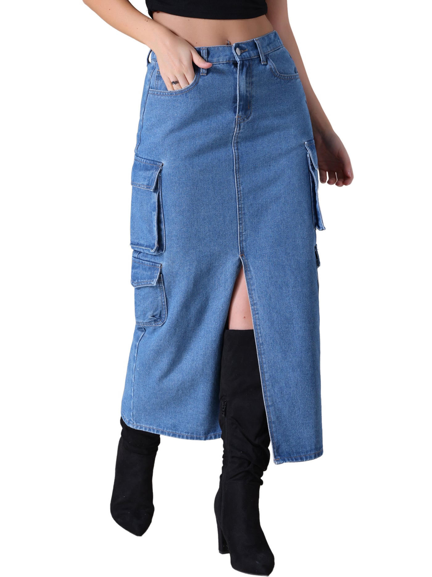 Bublédon Women's Maxi Denim Skirt Side Split Button Front Elastic Waist Streetwear Flap Pockets Cargo Jean Skirts