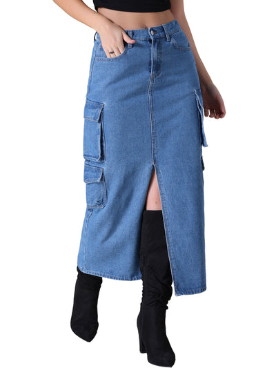 Women's Maxi Denim Skirt Side Split Button Front Elastic Waist Streetwear Flap Pockets Cargo Jean Skirts