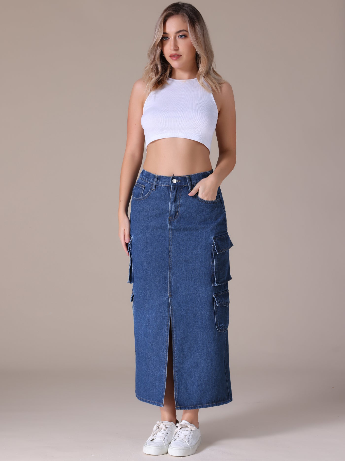 Bublédon Women's Maxi Denim Skirt Side Split Button Front Elastic Waist Streetwear Flap Pockets Cargo Jean Skirts