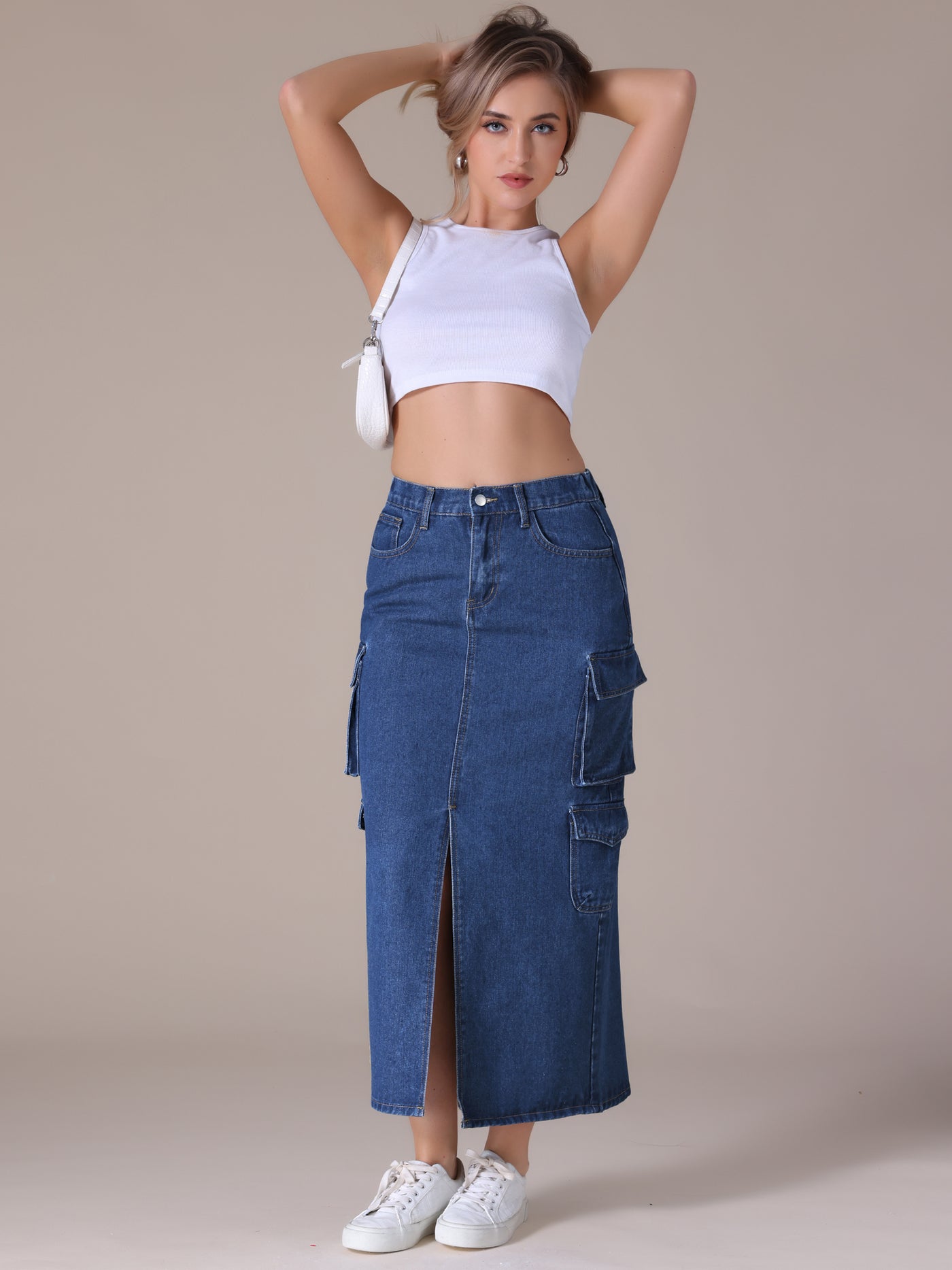 Bublédon Women's Maxi Denim Skirt Side Split Button Front Elastic Waist Streetwear Flap Pockets Cargo Jean Skirts