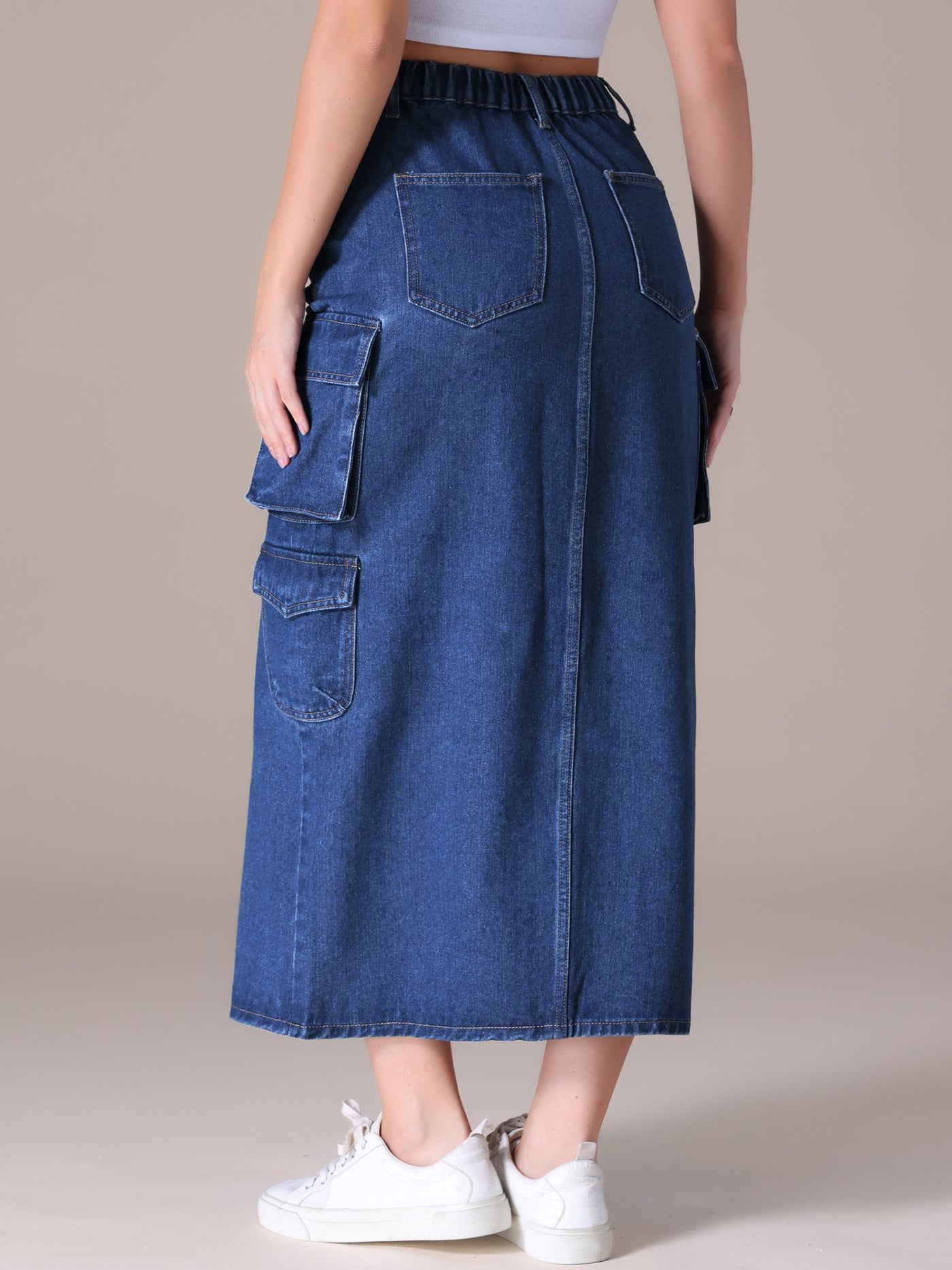 Bublédon Women's Maxi Denim Skirt Side Split Button Front Elastic Waist Streetwear Flap Pockets Cargo Jean Skirts