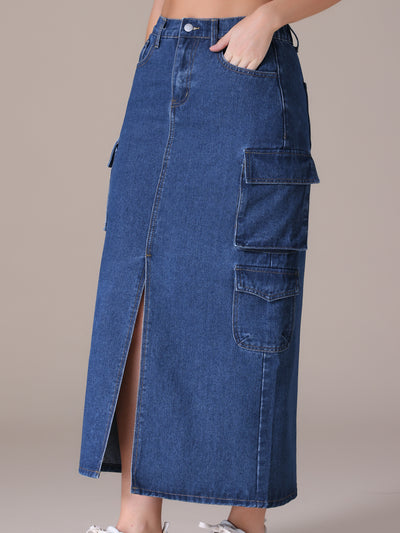 Women's Maxi Denim Skirt Side Split Button Front Elastic Waist Streetwear Flap Pockets Cargo Jean Skirts