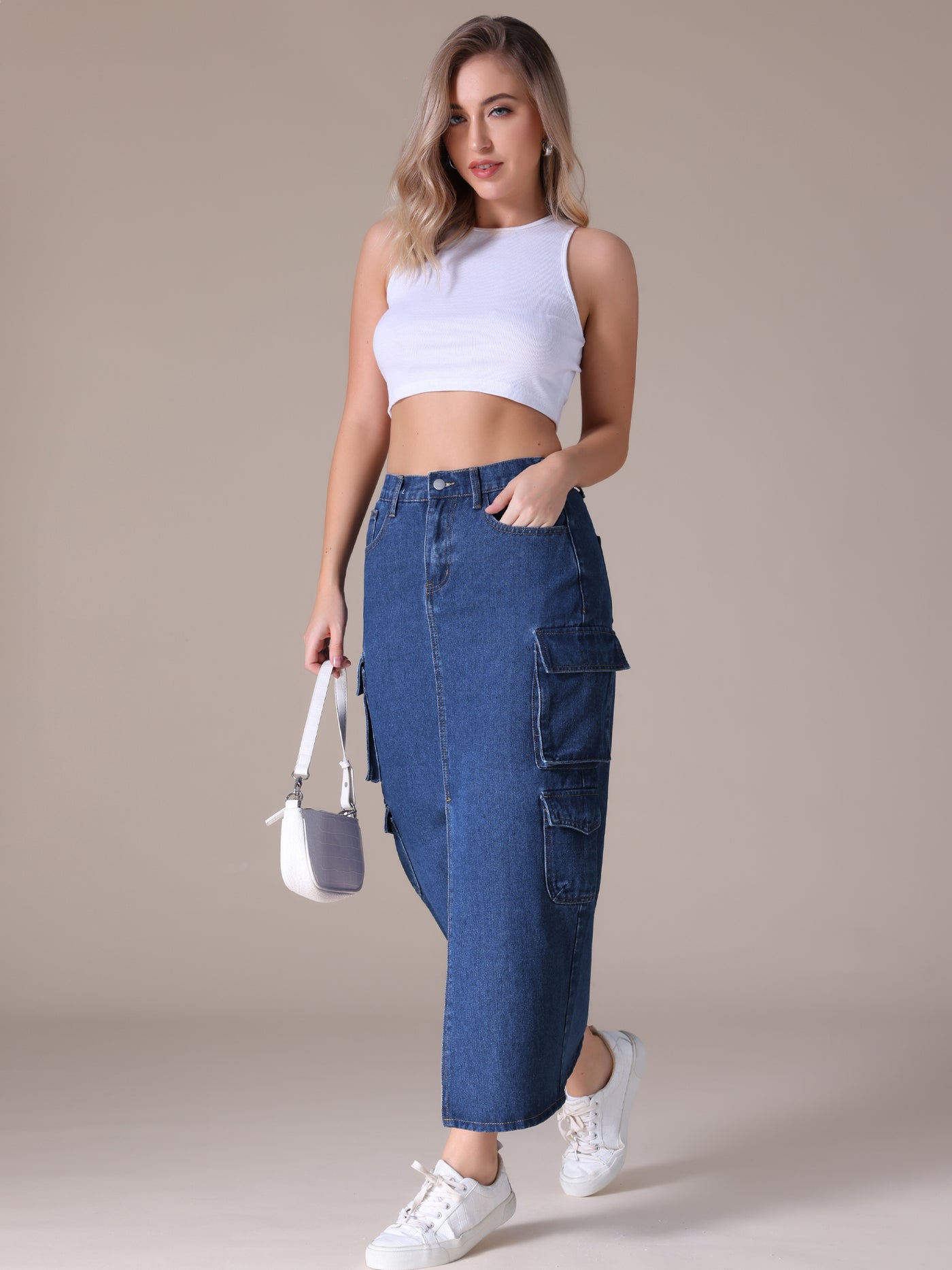 Bublédon Women's Maxi Denim Skirt Side Split Button Front Elastic Waist Streetwear Flap Pockets Cargo Jean Skirts