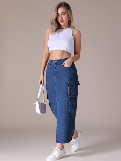 Women's Maxi Denim Skirt Side Split Button Front Elastic Waist Streetwear Flap Pockets Cargo Jean Skirts