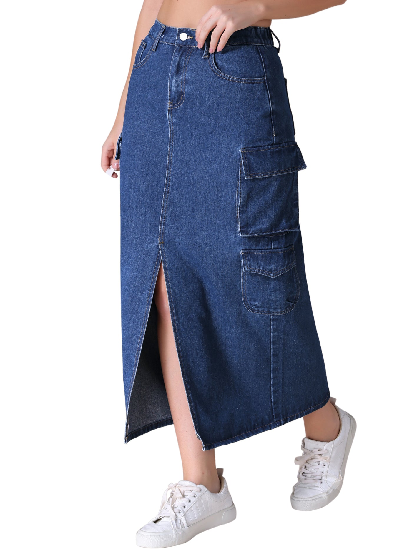 Bublédon Women's Maxi Denim Skirt Side Split Button Front Elastic Waist Streetwear Flap Pockets Cargo Jean Skirts