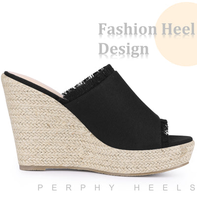 Open Toe Platform Espadrille Denim Wedge Heel Slide Sandal for Women