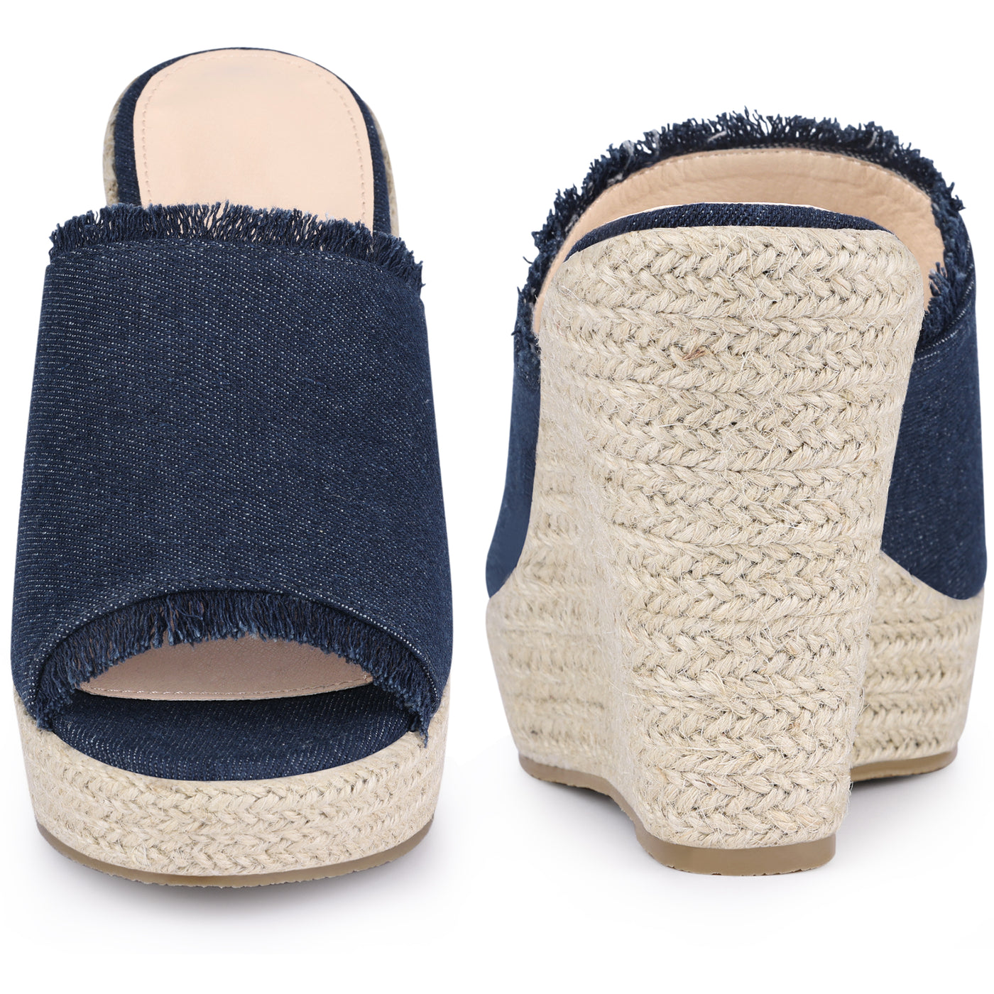 Bublédon Open Toe Platform Espadrille Denim Wedge Heel Slide Sandal for Women