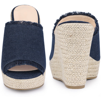 Open Toe Platform Espadrille Denim Wedge Heel Slide Sandal for Women