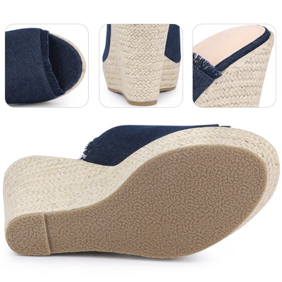 Open Toe Platform Espadrille Denim Wedge Heel Slide Sandal for Women