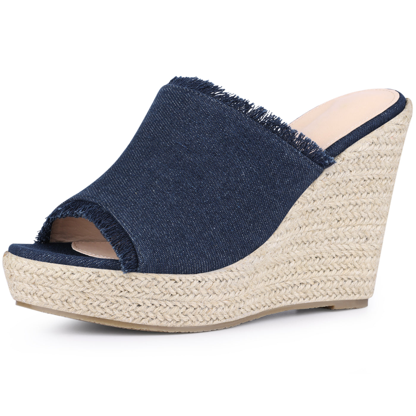 Bublédon Open Toe Platform Espadrille Denim Wedge Heel Slide Sandal for Women