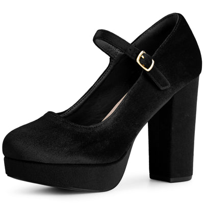 Bublédon Velvet Ankle Strap Platform Block Heels Mary Janes Pumps for Women