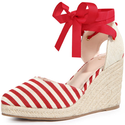 Bublédon Stripe Lace Up Espadrilles Platform Wedge Sandals for Women