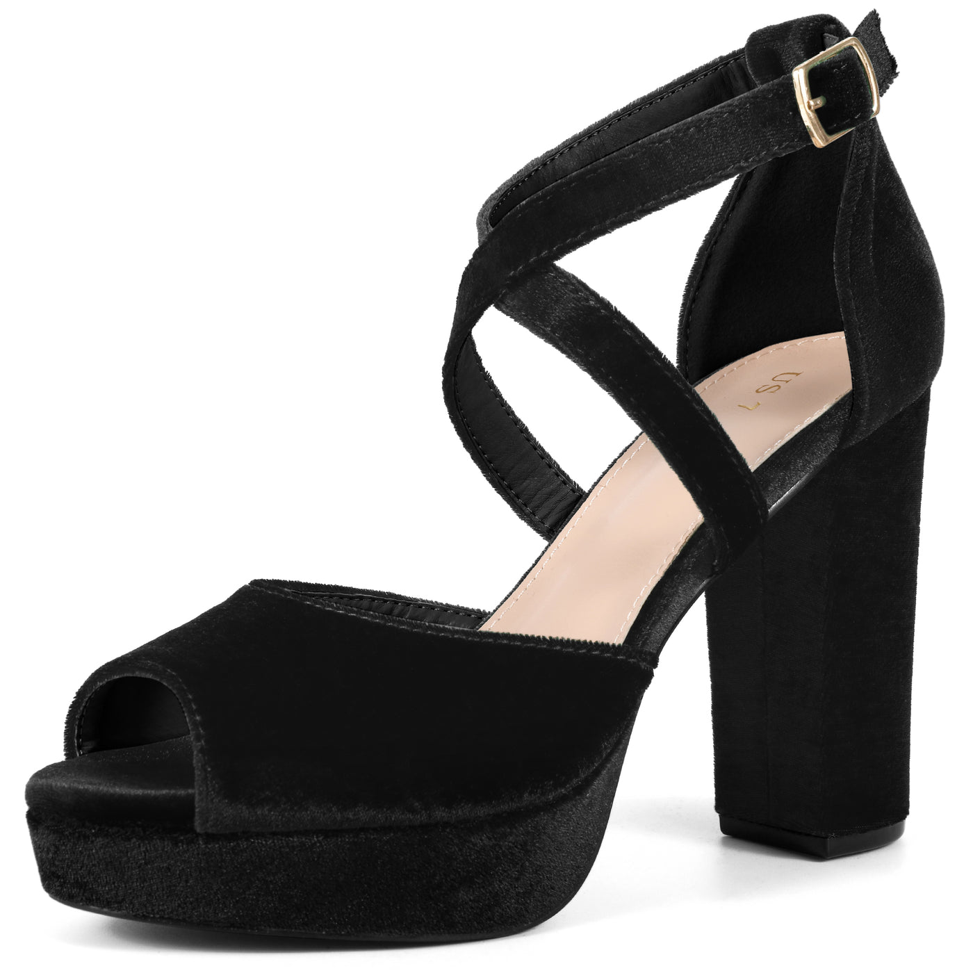 Bublédon Peep Toe Platform Velvet Crisscross Strap Block Heel Sandals for Women