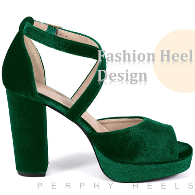 Peep Toe Platform Velvet Crisscross Strap Block Heel Sandals for Women