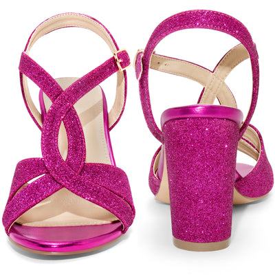 Glitter Sparkly Heels Buckle Strap Chunky Heel Sandals for Women