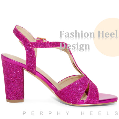 Glitter Sparkly Heels Buckle Strap Chunky Heel Sandals for Women