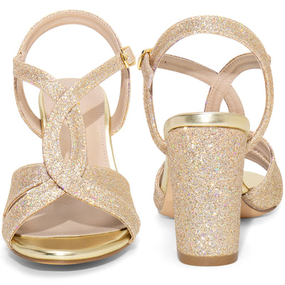 Glitter Sparkly Heels Buckle Strap Chunky Heel Sandals for Women