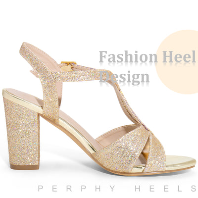 Glitter Sparkly Heels Buckle Strap Chunky Heel Sandals for Women