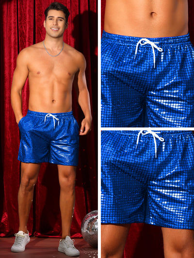 Metallic Short Pants for Men's Drawstring Elastic Waist Holographic Party Clubwear Plaid Hot Shorts