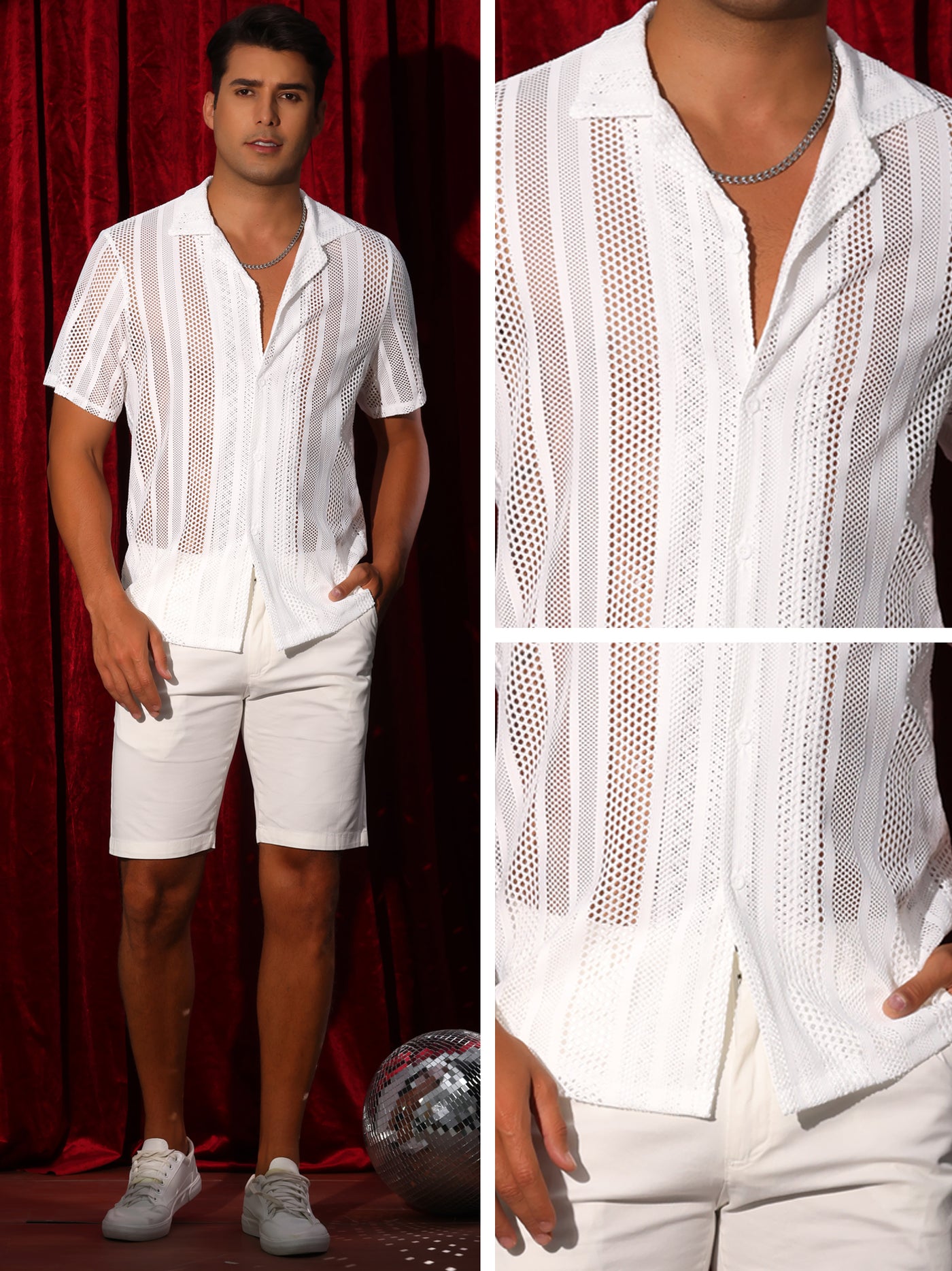 Bublédon Mesh Shirt for Men's Camp Collar Short Sleeve Button Down Party See Through Shirts