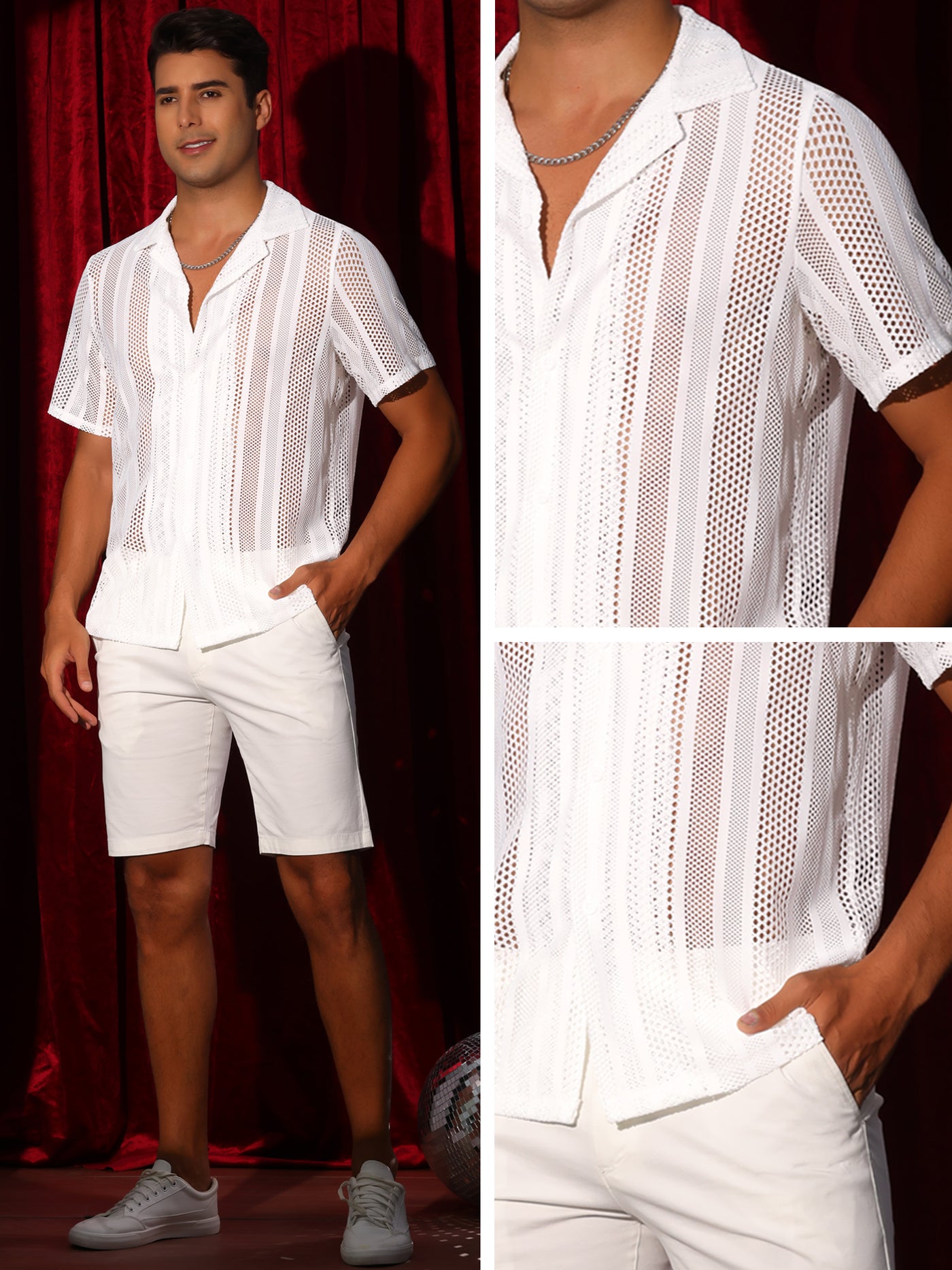 Bublédon Mesh Shirt for Men's Camp Collar Short Sleeve Button Down Party See Through Shirts