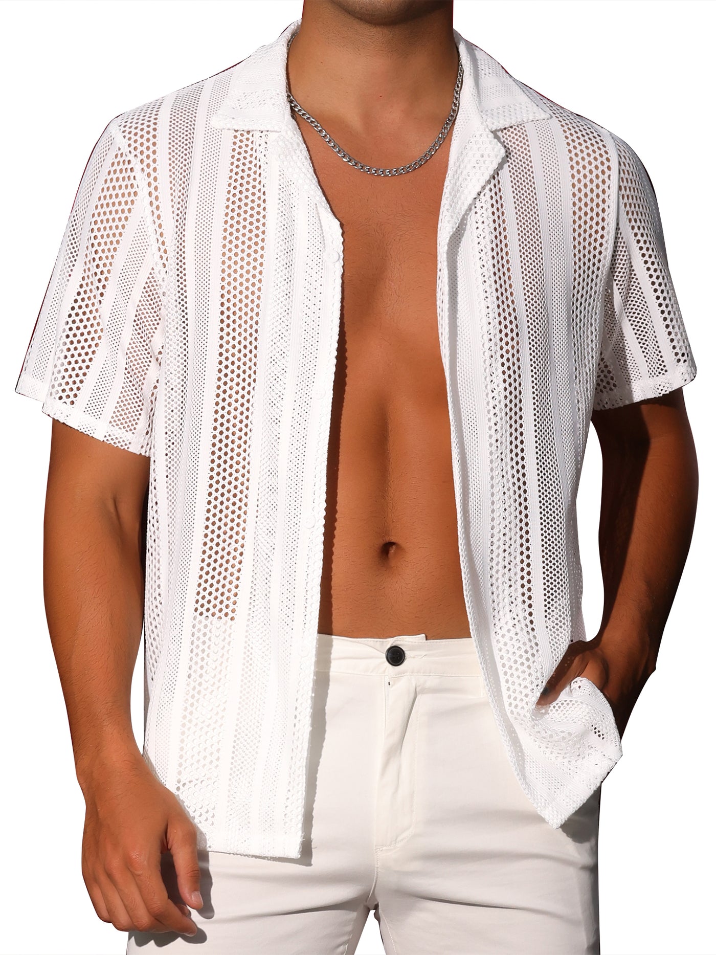 Bublédon Mesh Shirt for Men's Camp Collar Short Sleeve Button Down Party See Through Shirts