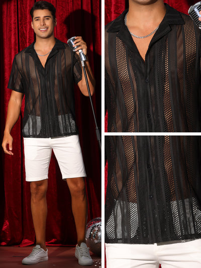 Mesh Shirt for Men's Camp Collar Short Sleeve Button Down Party See Through Shirts