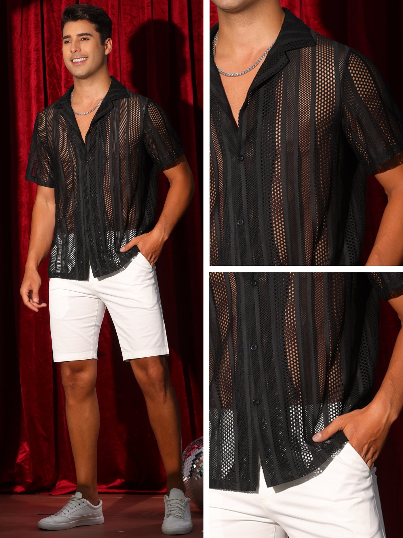 Bublédon Mesh Shirt for Men's Camp Collar Short Sleeve Button Down Party See Through Shirts