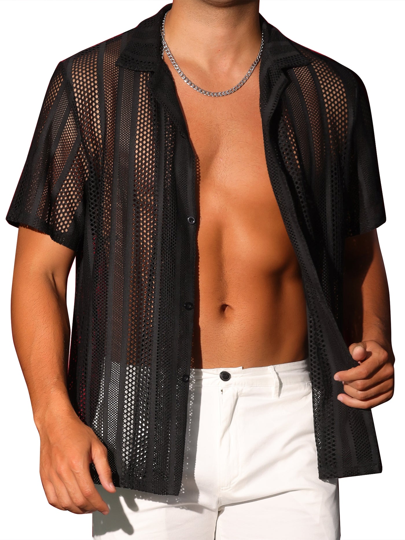 Bublédon Mesh Shirt for Men's Camp Collar Short Sleeve Button Down Party See Through Shirts