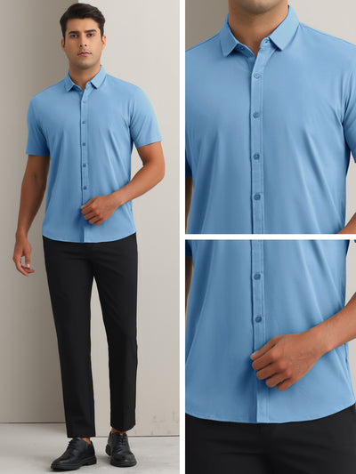 Men's Button Down Point Collar Short Sleeve Solid Color Business Dress Shirts